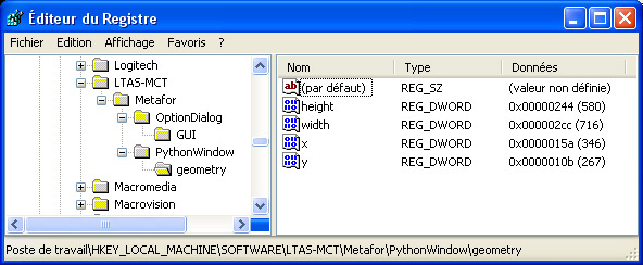 Sauvegarde de la config dans la base de registre
